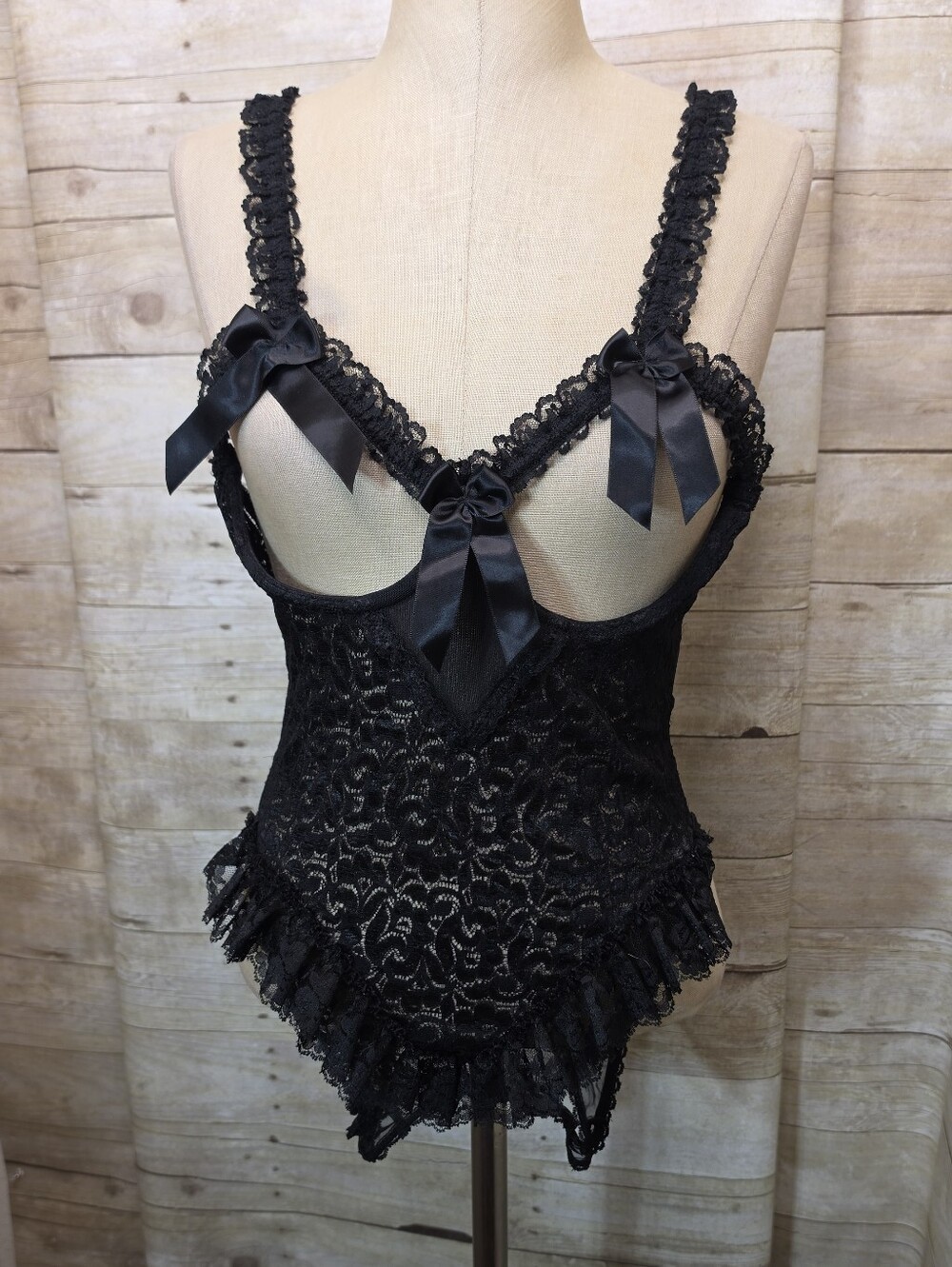 Shirley of Hollywood Black Lace Open-Side Teddy with Satin Bows